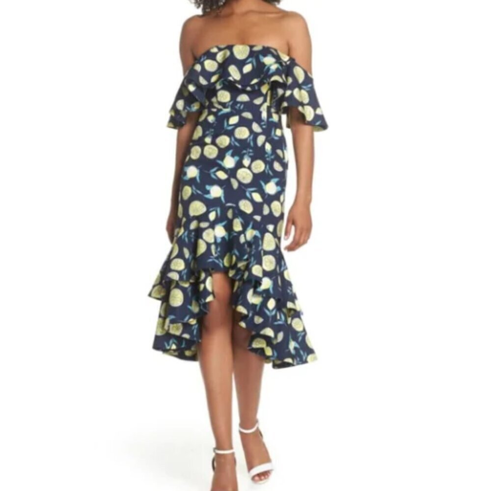 Fame and Partners lemon print off shoulder dress Size 4